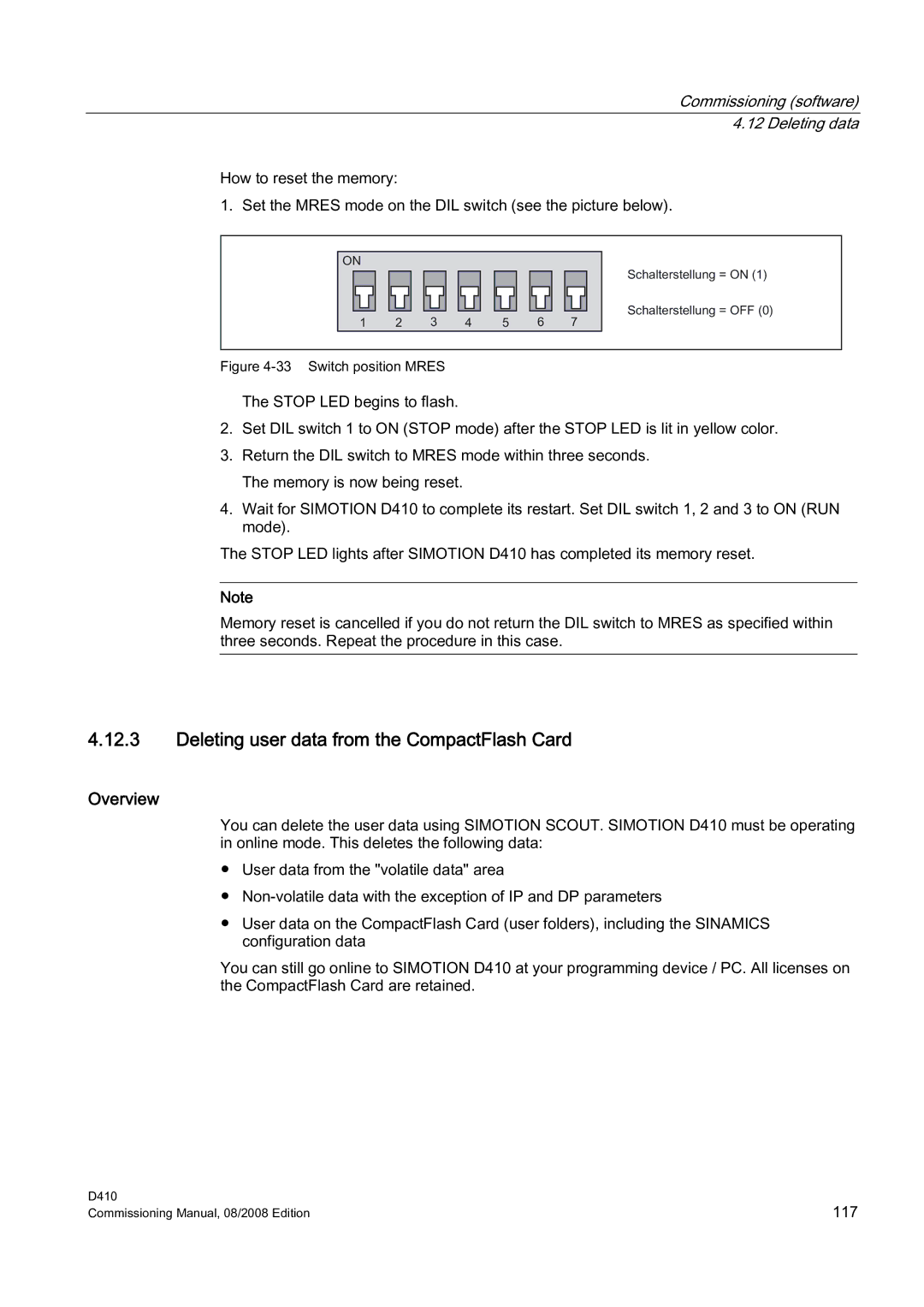 Siemens D410 appendix Deleting user data from the CompactFlash Card, Switch position Mres 