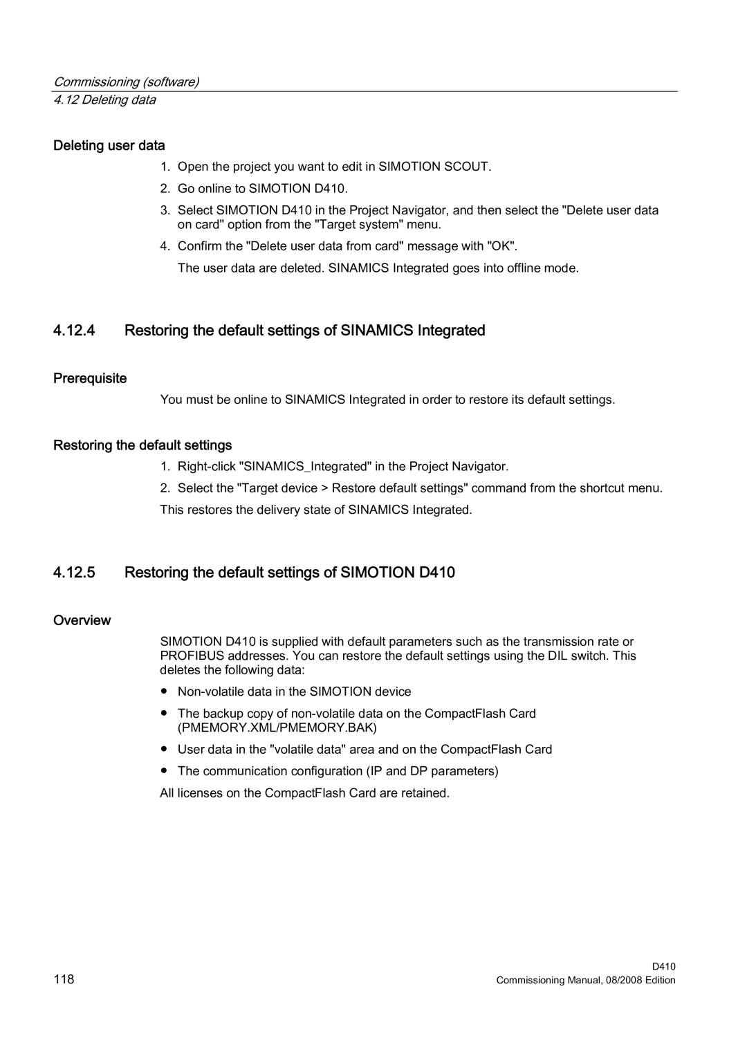 Siemens appendix Restoring the default settings of Sinamics Integrated, Restoring the default settings of Simotion D410 