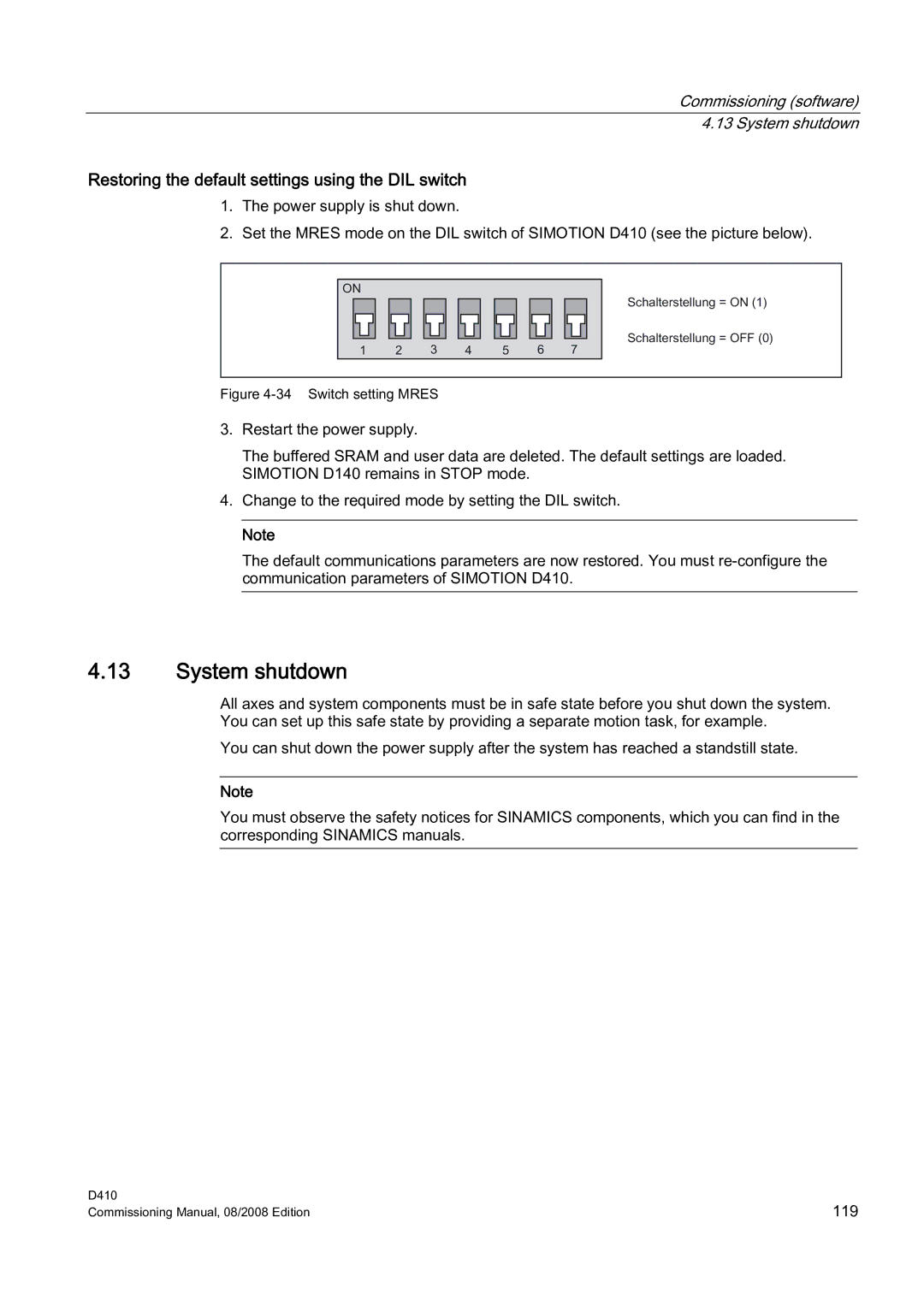 Siemens D410 appendix System shutdown, Restoring the default settings using the DIL switch 