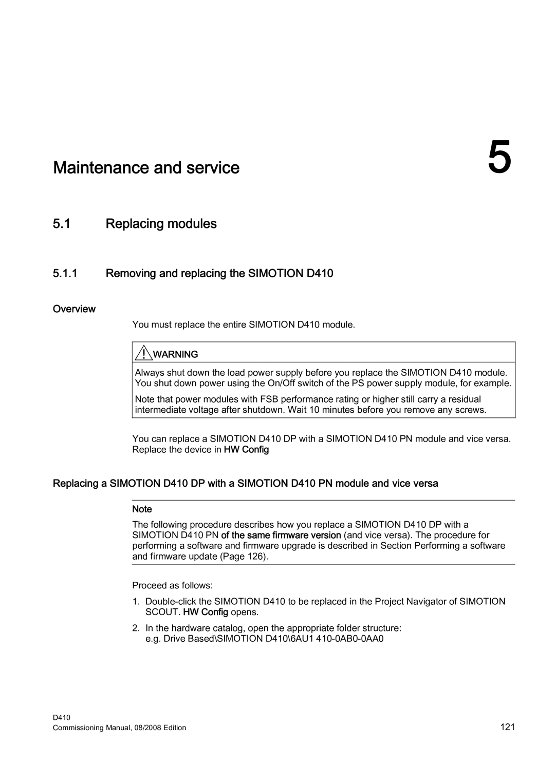 Siemens appendix Replacing modules, Removing and replacing the Simotion D410 