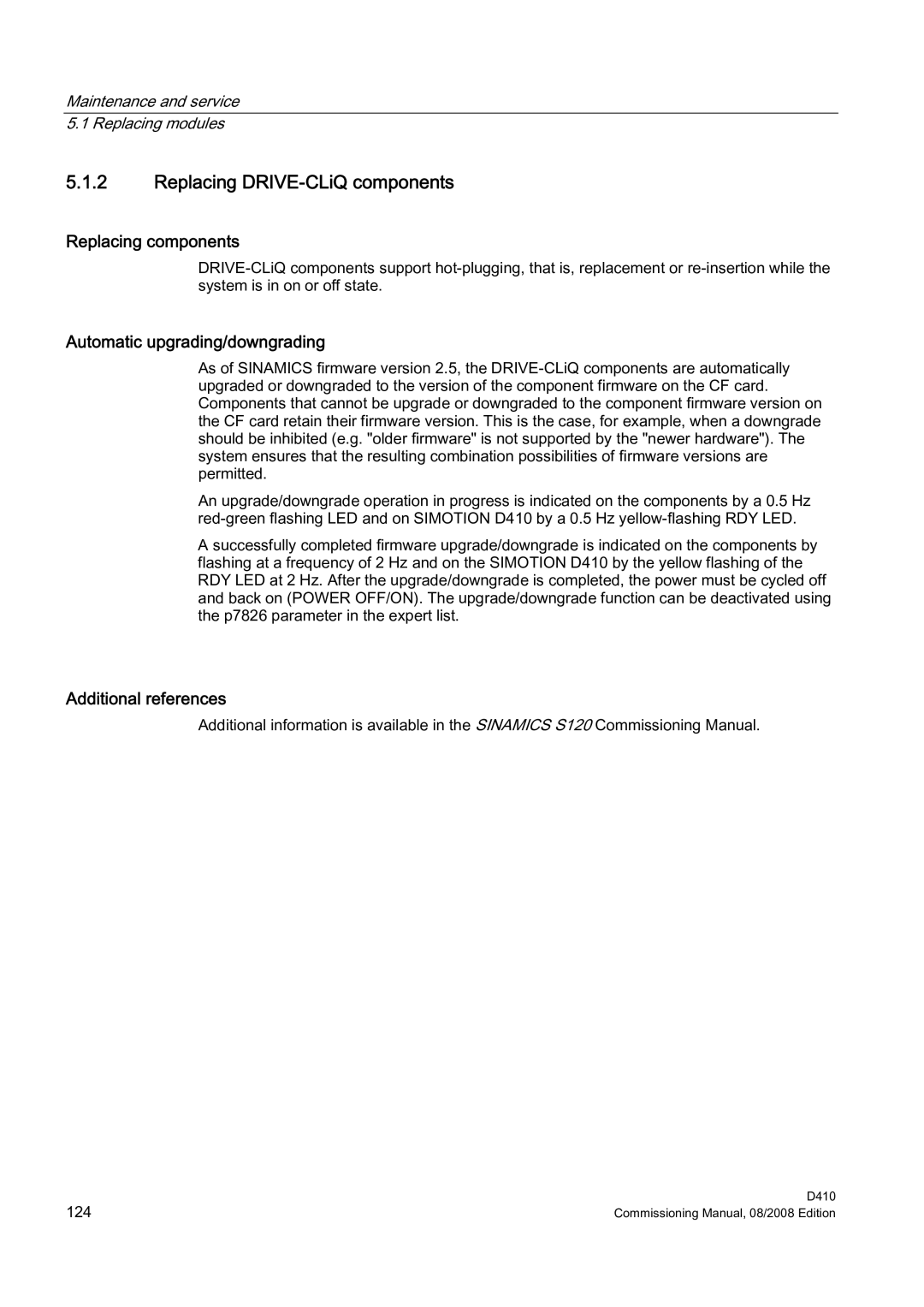 Siemens D410 appendix Replacing DRIVE-CLiQ components, Replacing components, Automatic upgrading/downgrading 