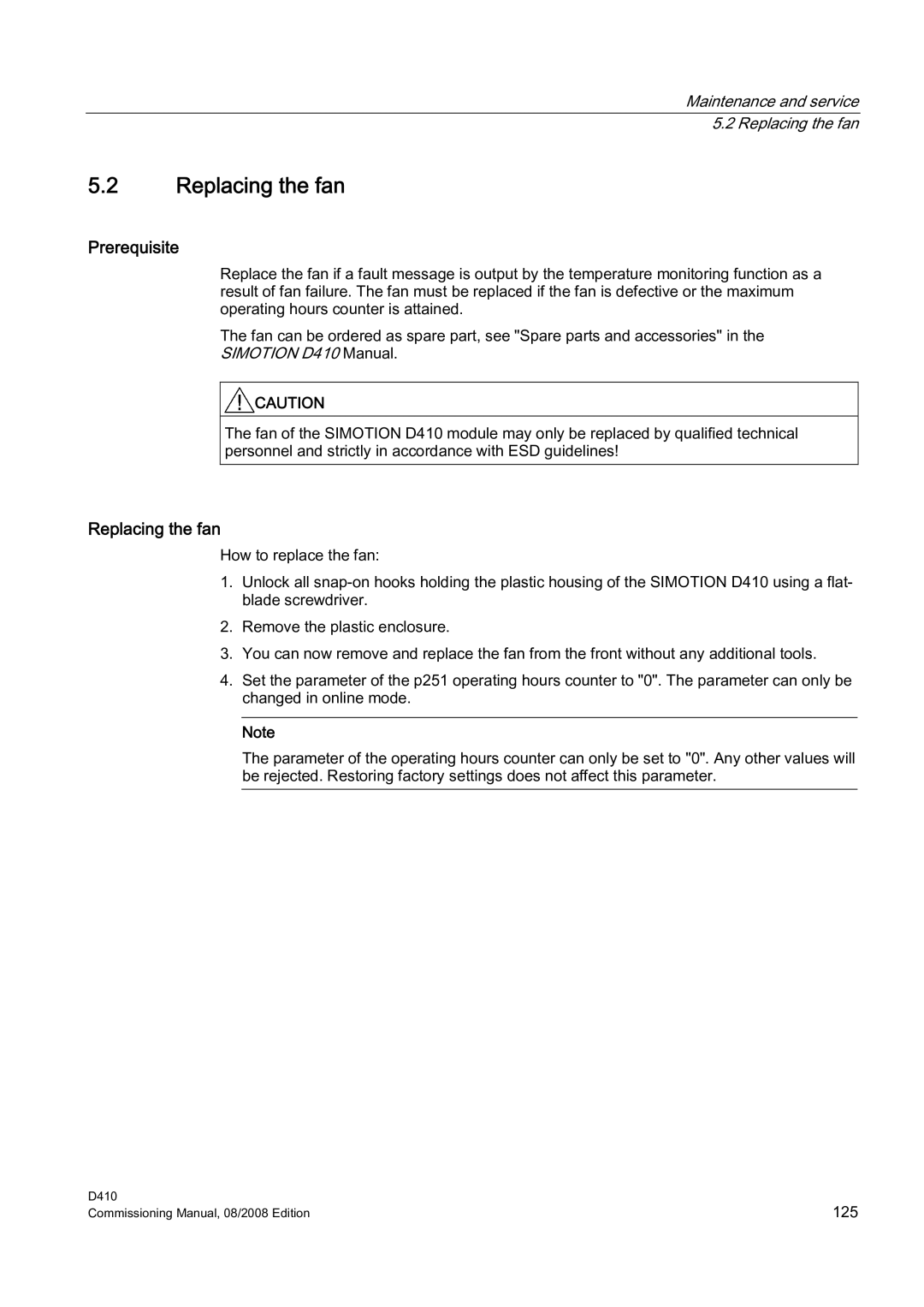 Siemens D410 appendix Replacing the fan 