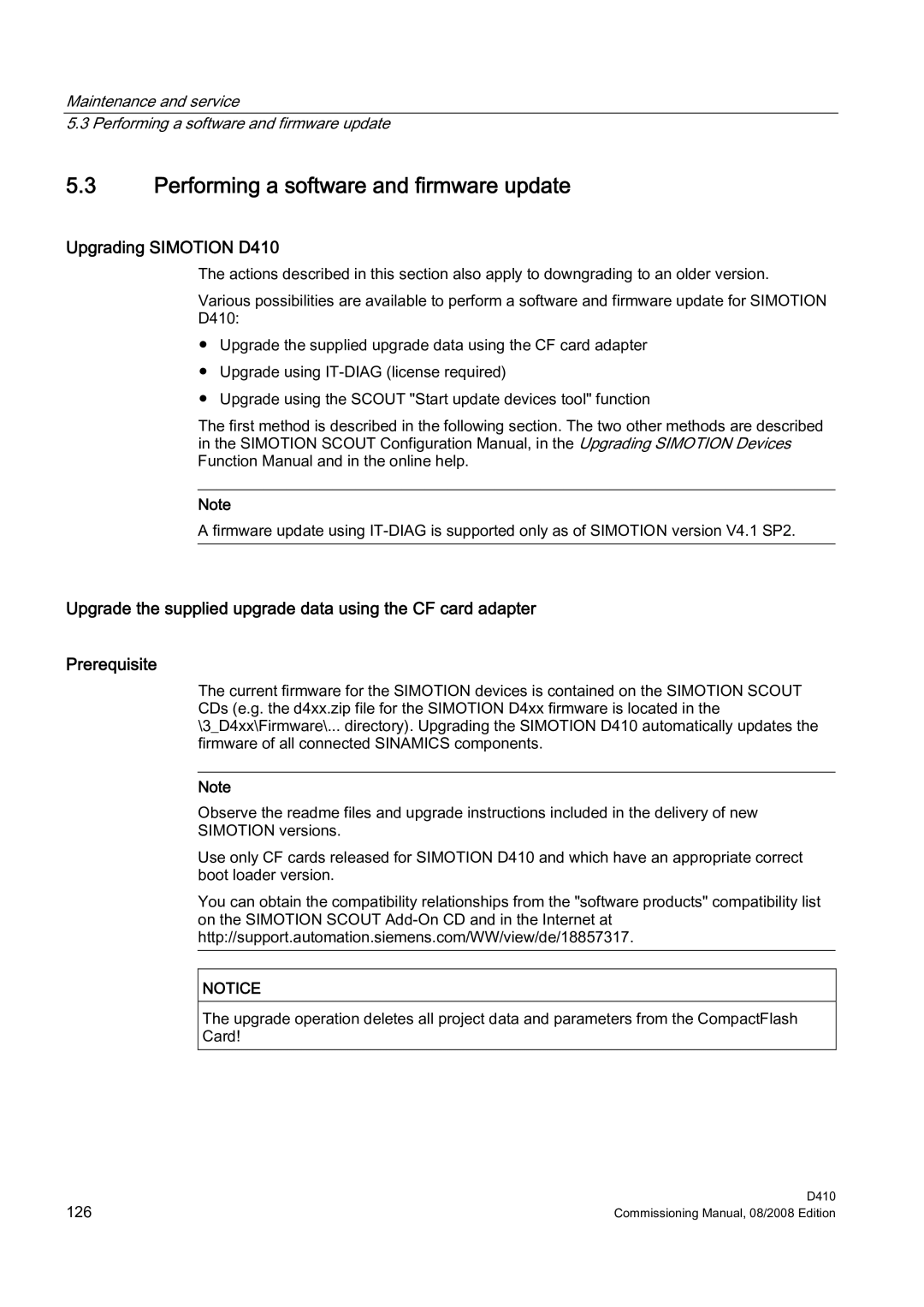 Siemens appendix Performing a software and firmware update, Upgrading Simotion D410 