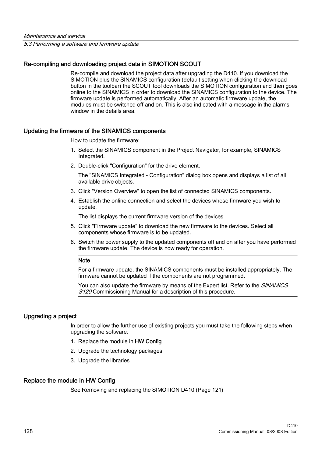 Siemens D410 Re-compiling and downloading project data in Simotion Scout, Updating the firmware of the Sinamics components 