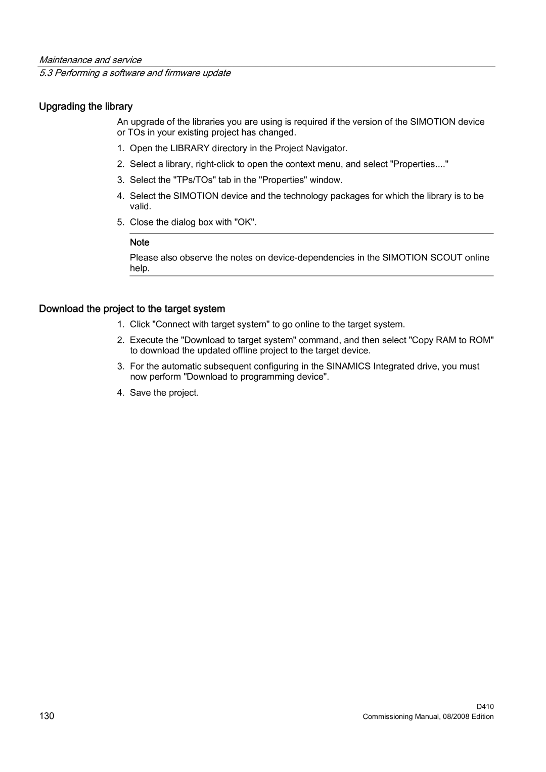 Siemens D410 appendix Upgrading the library, Download the project to the target system 