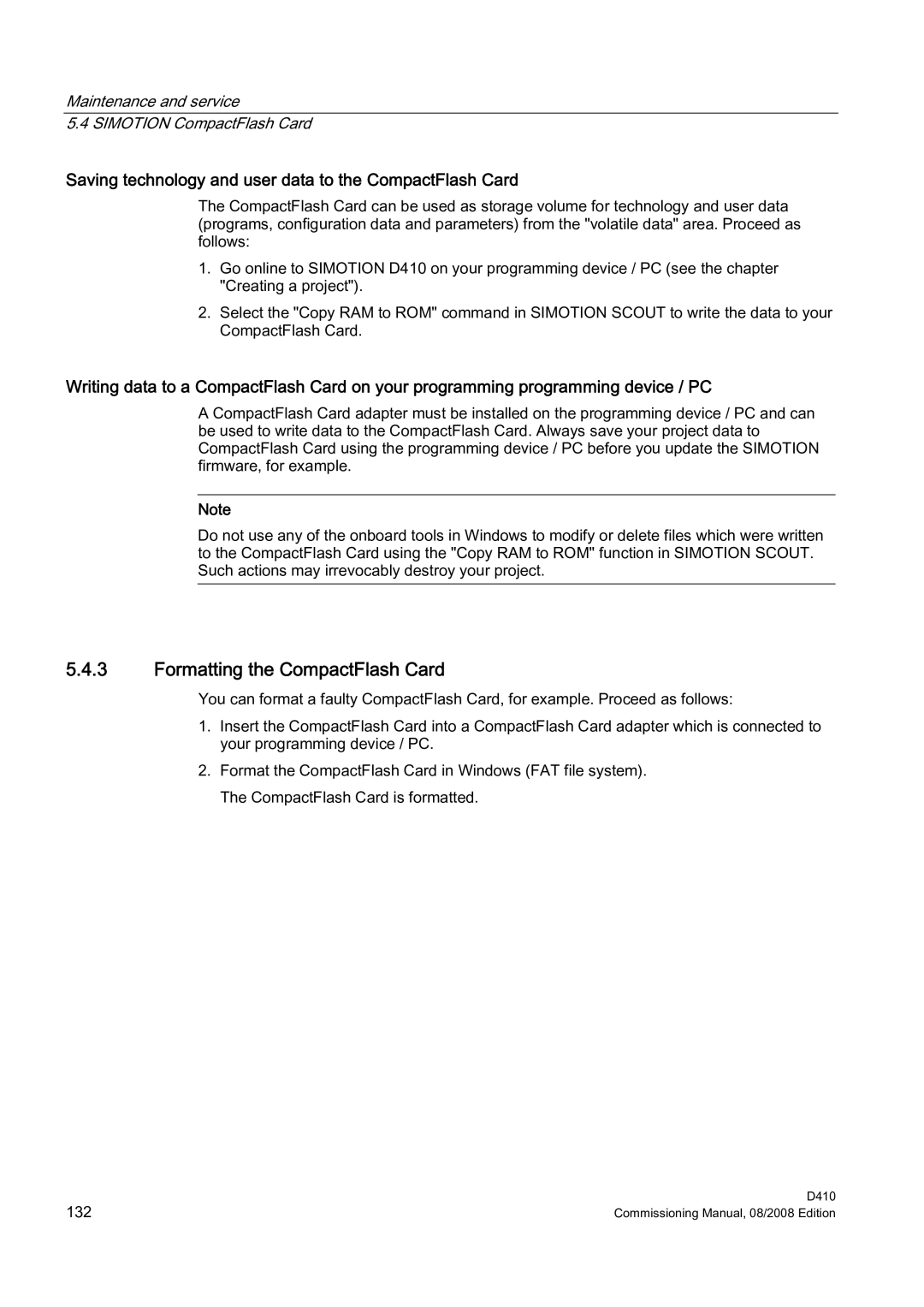 Siemens D410 appendix Formatting the CompactFlash Card, Saving technology and user data to the CompactFlash Card 