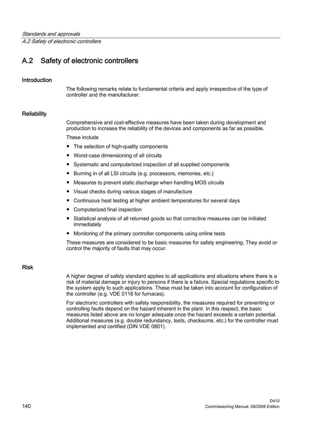 Siemens D410 appendix Safety of electronic controllers, Reliability, Risk 