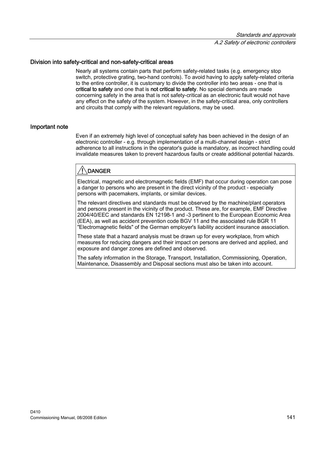 Siemens D410 appendix Division into safety-critical and non-safety-critical areas, Important note 