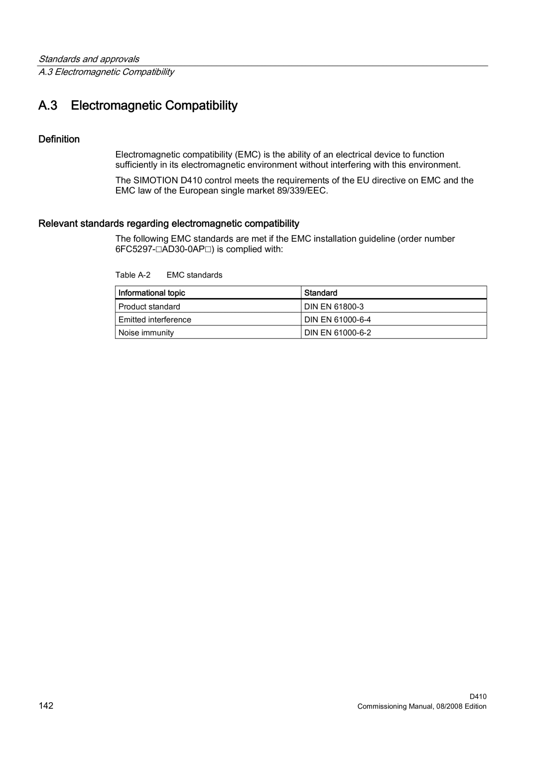 Siemens D410 appendix Electromagnetic Compatibility, Definition, Relevant standards regarding electromagnetic compatibility 