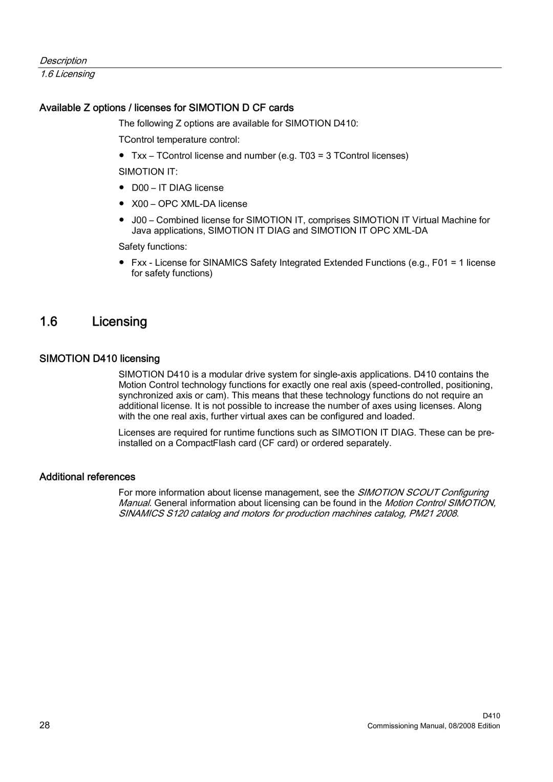 Siemens appendix Licensing, Available Z options / licenses for Simotion D CF cards, Simotion D410 licensing 