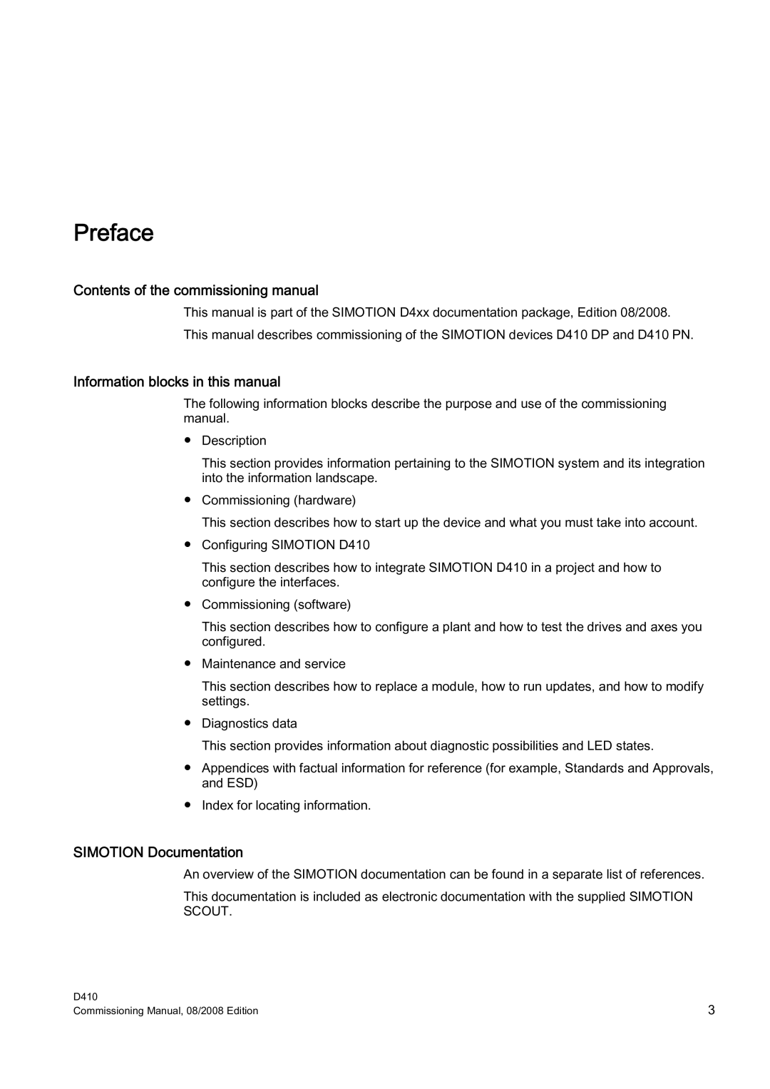 Siemens D410 appendix Contents of the commissioning manual, Information blocks in this manual, Simotion Documentation 