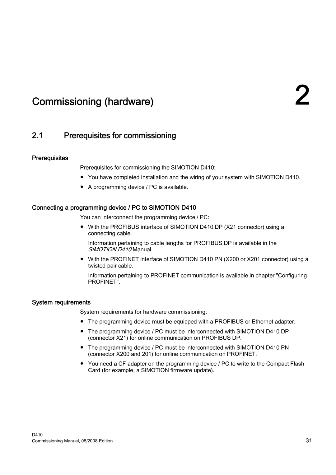 Siemens Prerequisites for commissioning, Connecting a programming device / PC to Simotion D410, System requirements 