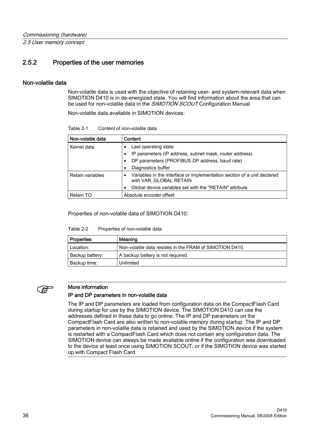 Siemens D410 appendix Properties of the user memories, Non-volatile data Content, Properties Meaning 