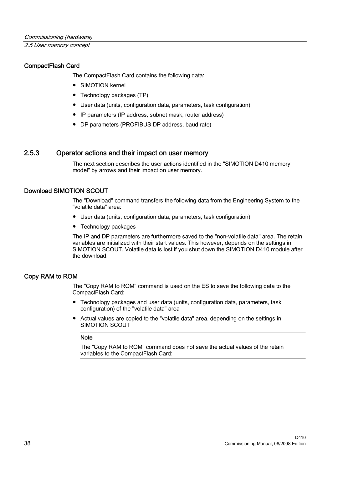 Siemens D410 appendix Operator actions and their impact on user memory, Download Simotion Scout, Copy RAM to ROM 