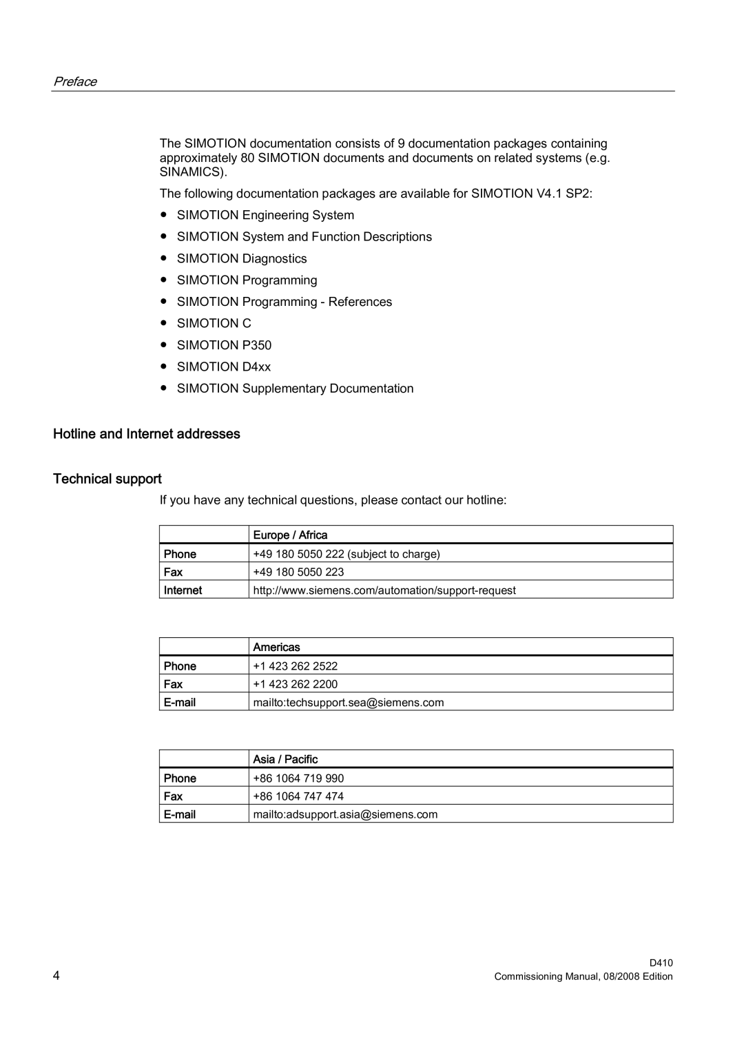 Siemens D410 appendix Hotline and Internet addresses Technical support, Europe / Africa, Phone, Fax 