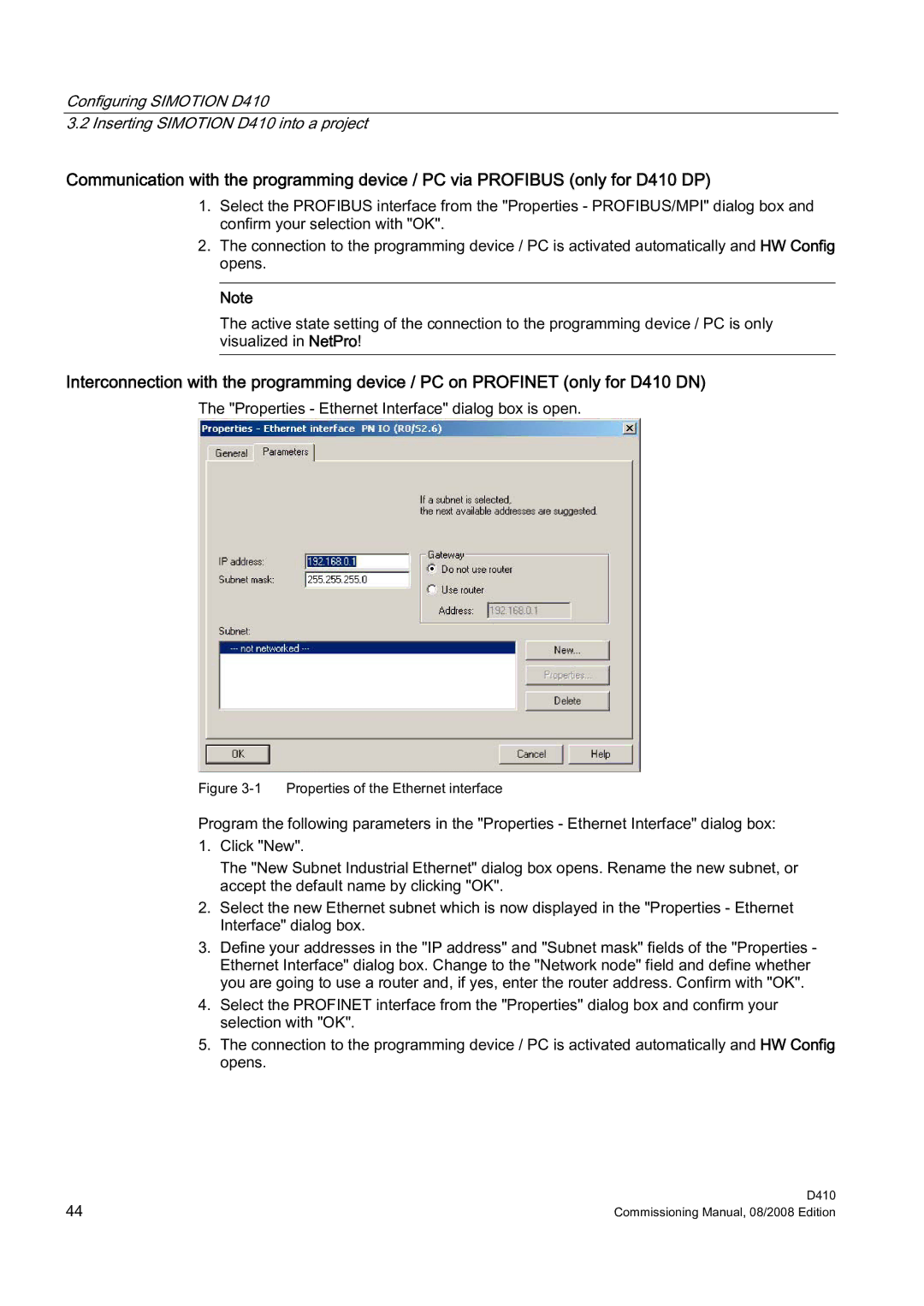 Siemens D410 appendix Properties Ethernet Interface dialog box is open 