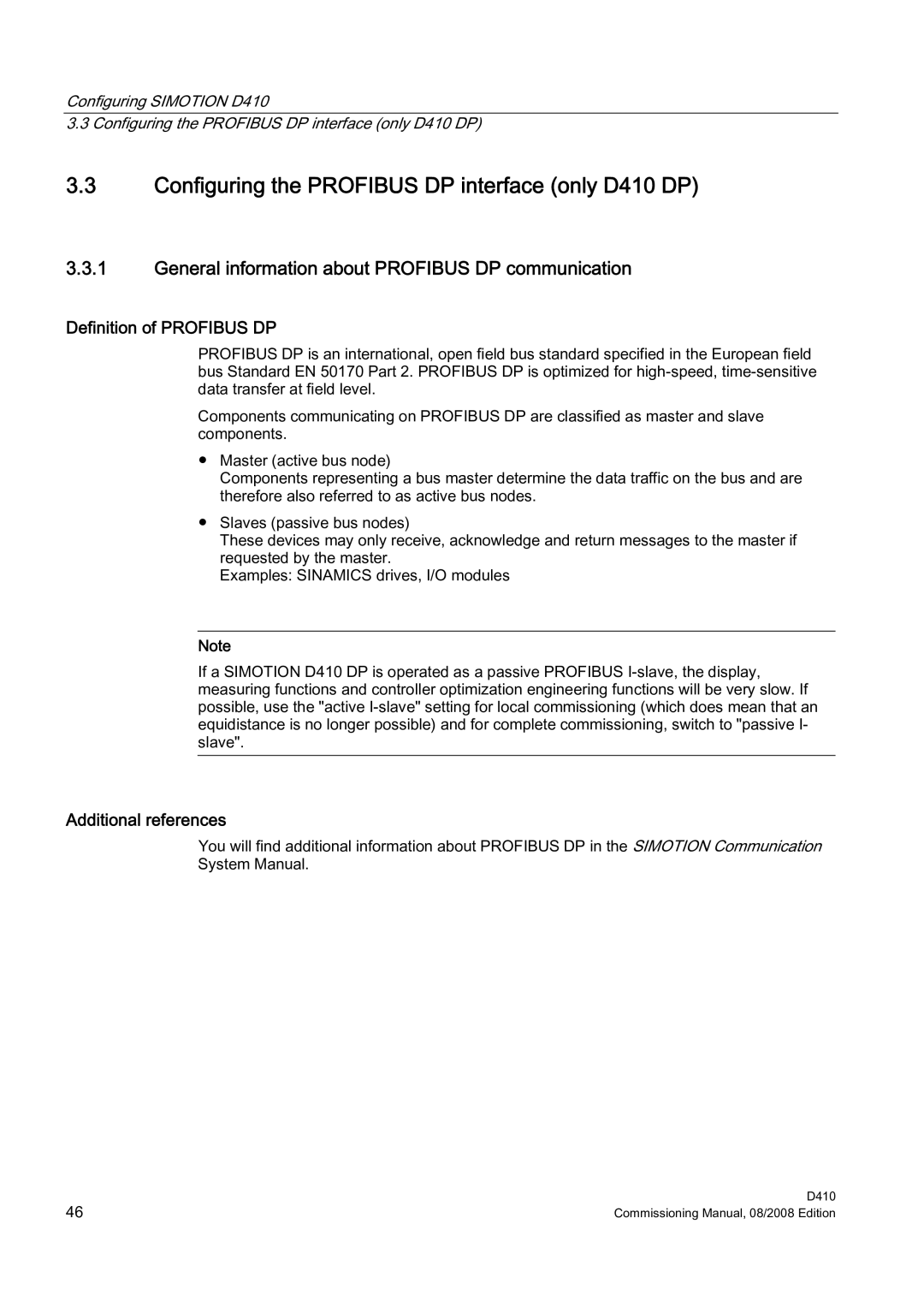 Siemens appendix Configuring the Profibus DP interface only D410 DP, General information about Profibus DP communication 