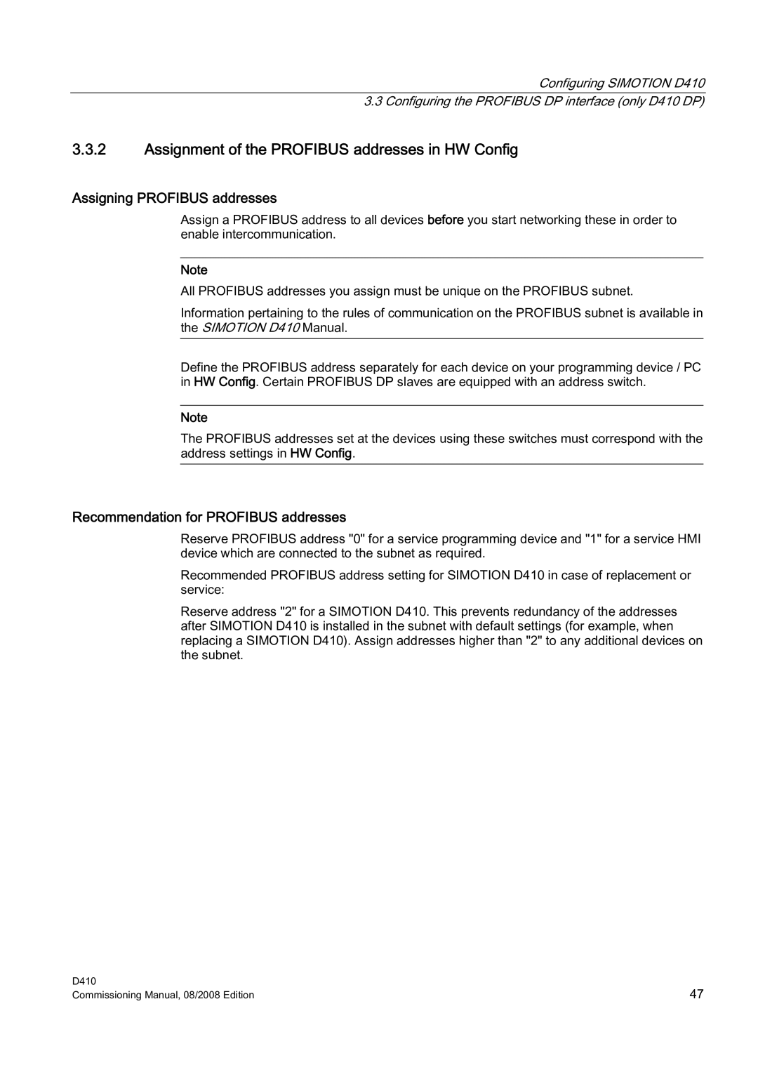 Siemens D410 appendix Assignment of the Profibus addresses in HW Config, Assigning Profibus addresses 