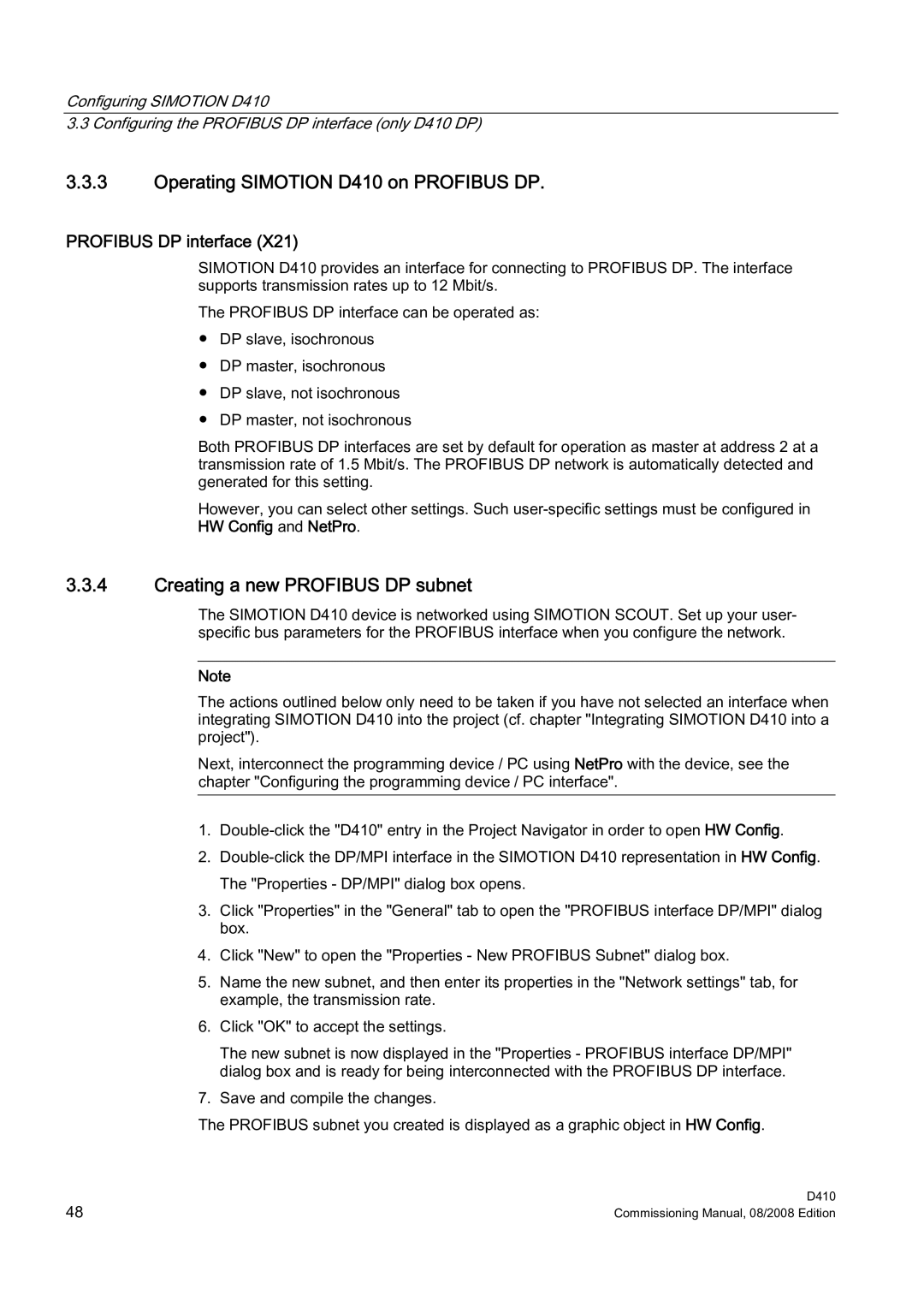 Siemens appendix Operating Simotion D410 on Profibus DP, Creating a new Profibus DP subnet, Profibus DP interface 