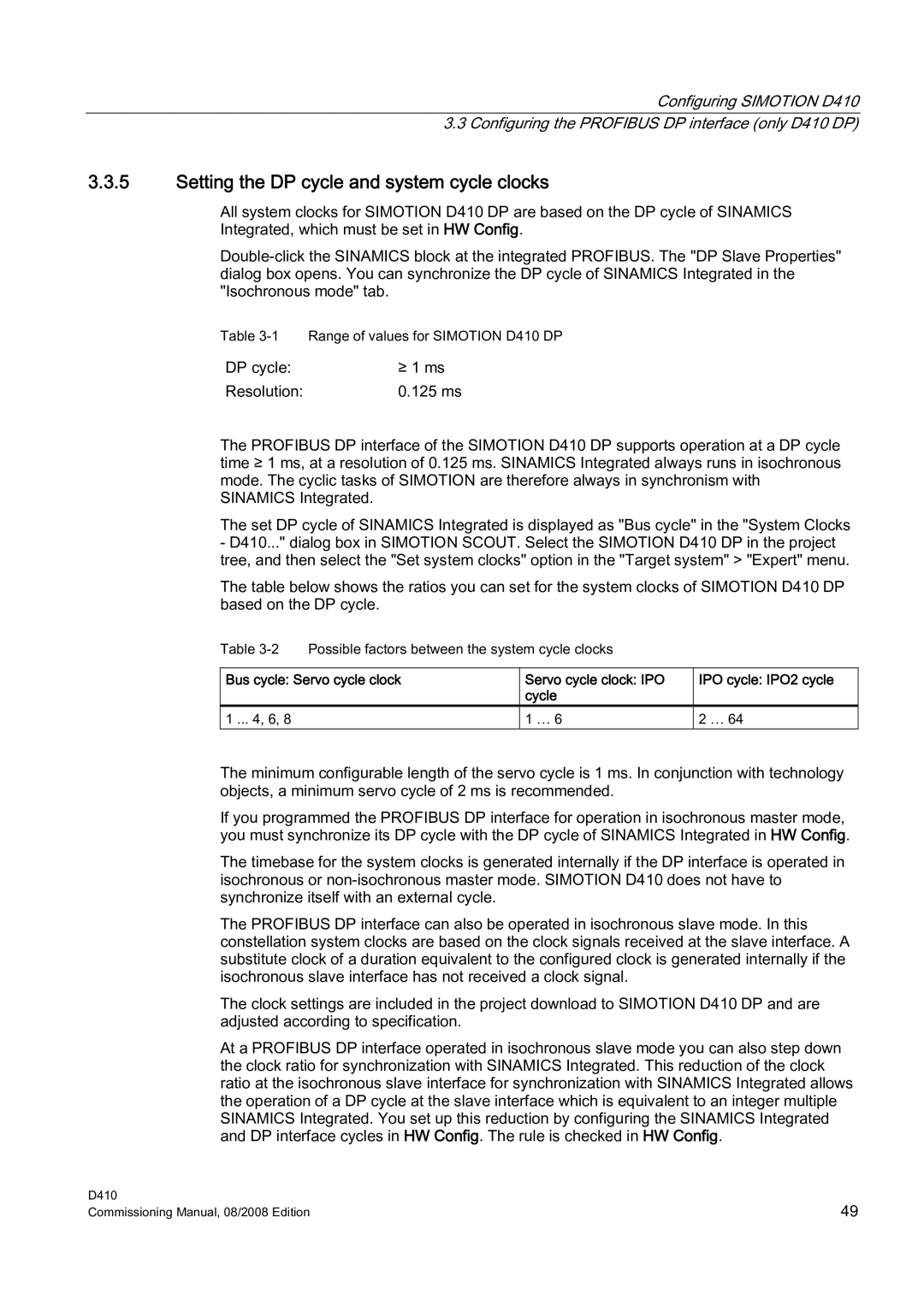 Siemens D410 appendix Setting the DP cycle and system cycle clocks 