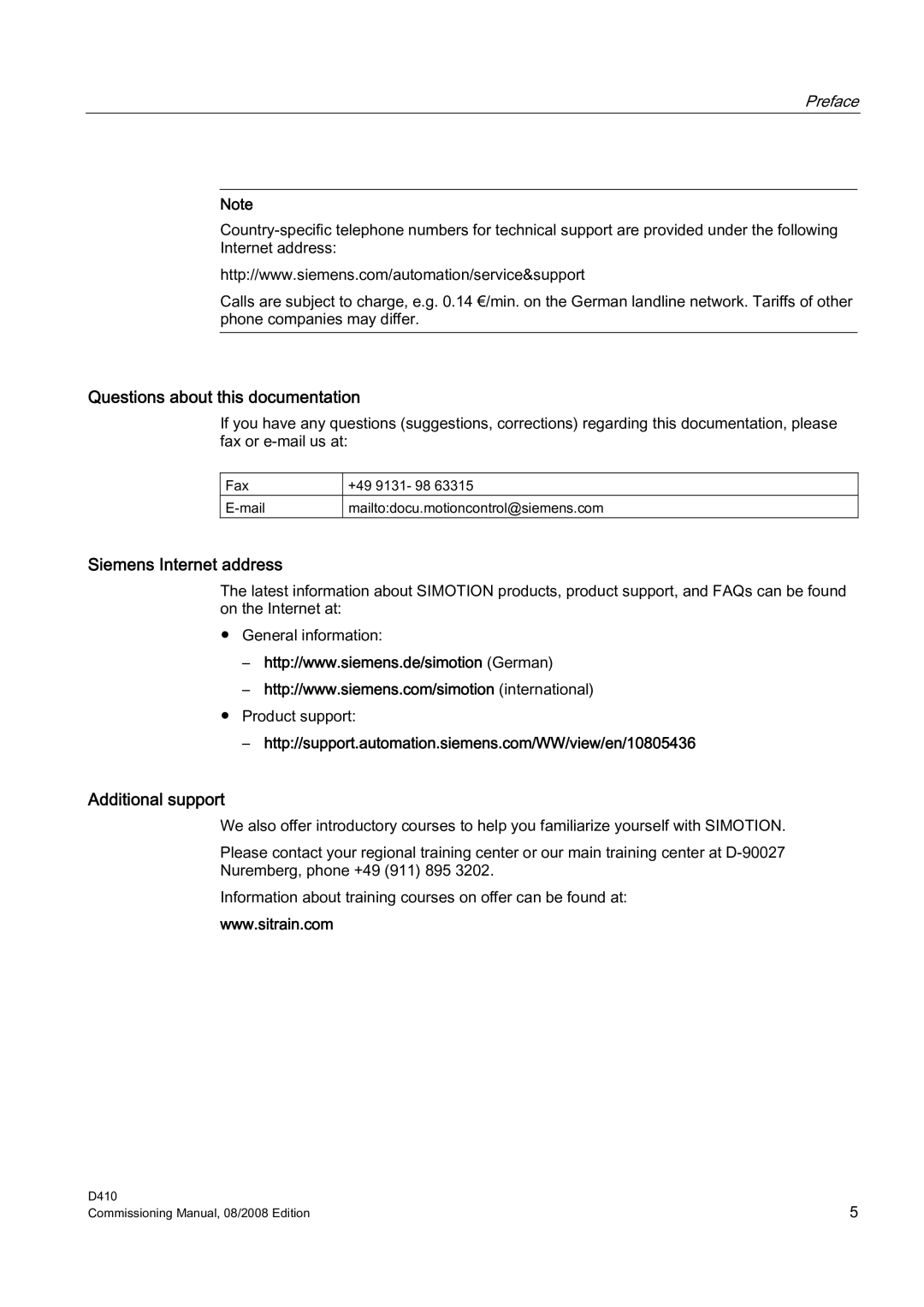 Siemens D410 appendix Questions about this documentation, Siemens Internet address, Additional support 