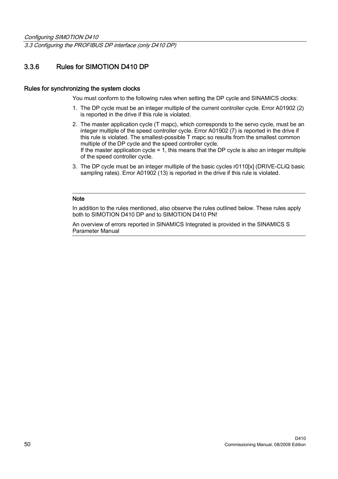 Siemens appendix Rules for Simotion D410 DP, Rules for synchronizing the system clocks 