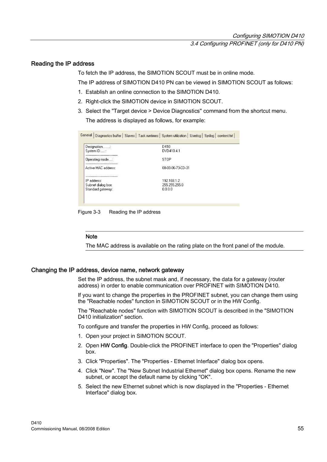 Siemens D410 appendix Reading the IP address, Changing the IP address, device name, network gateway 