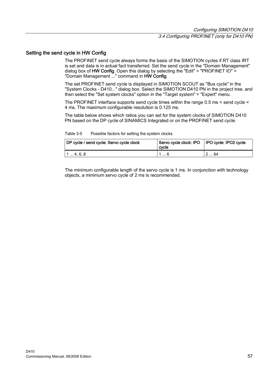 Siemens D410 appendix Setting the send cycle in HW Config, DP cycle / send cycle Servo cycle clock, Cycle 