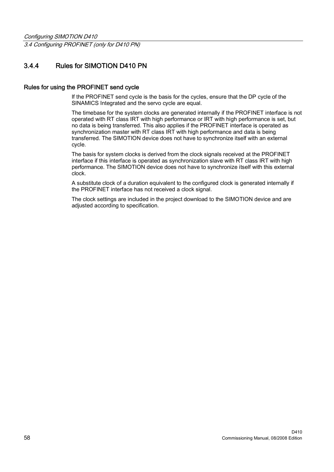 Siemens appendix Rules for Simotion D410 PN, Rules for using the Profinet send cycle 