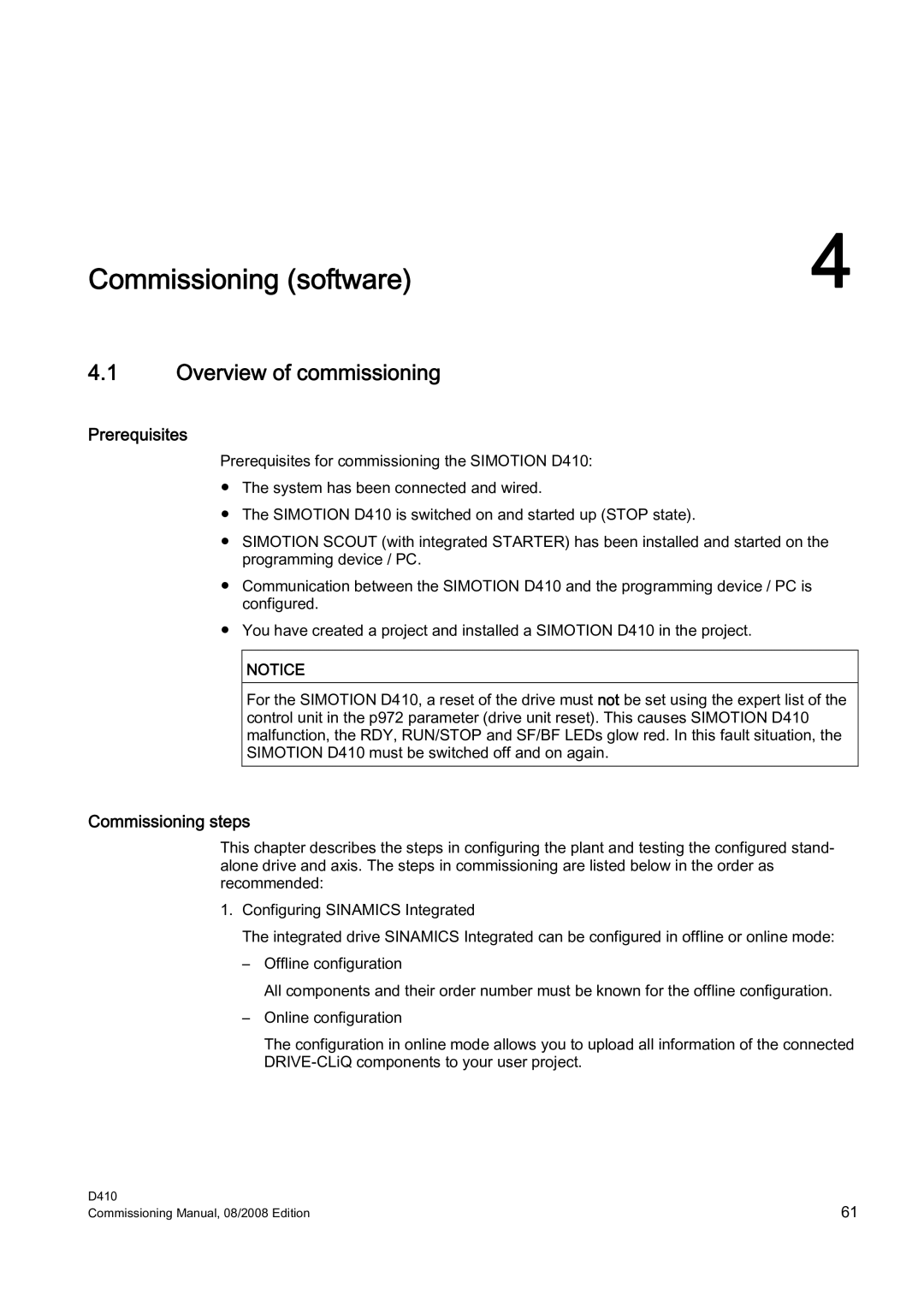 Siemens D410 appendix Overview of commissioning, Commissioning steps 