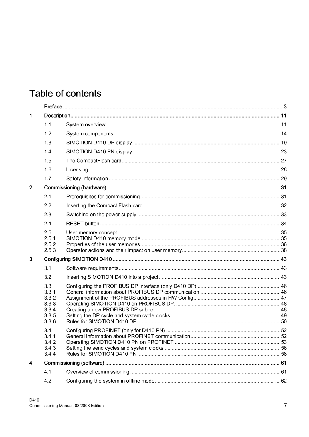 Siemens D410 appendix Table of contents 