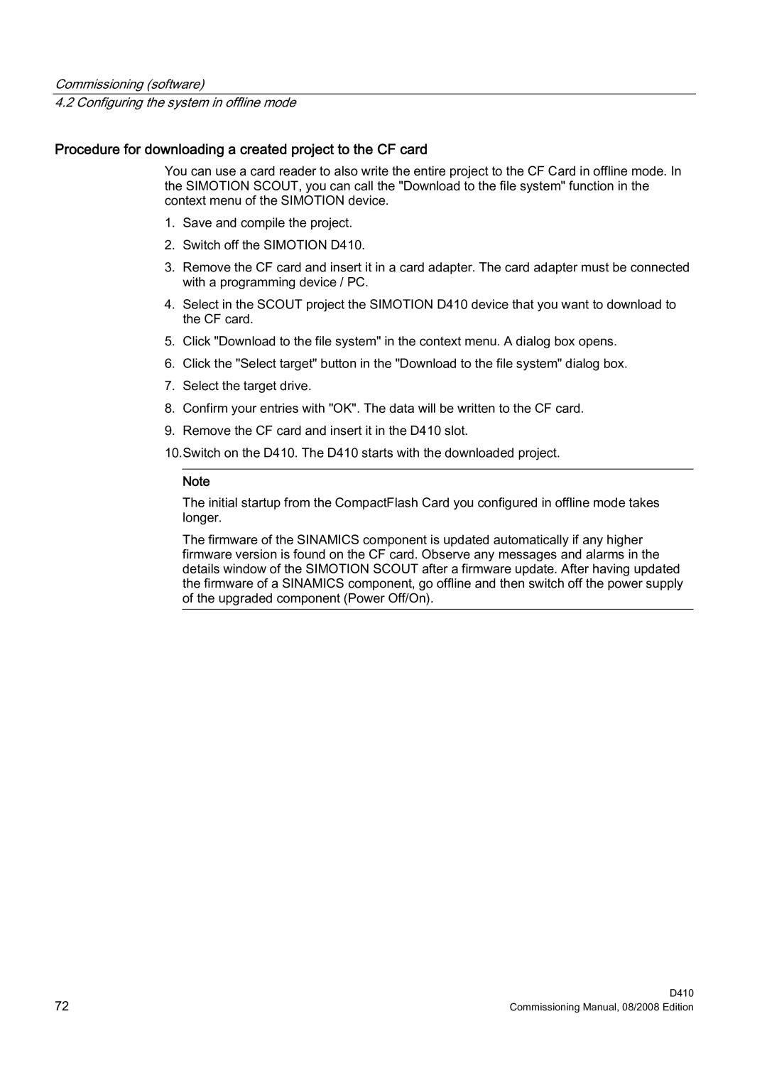 Siemens D410 appendix Procedure for downloading a created project to the CF card 