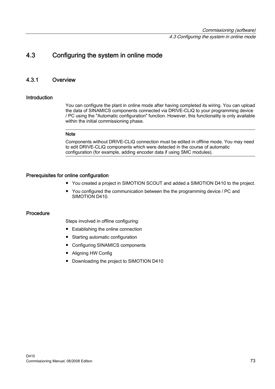 Siemens D410 appendix Configuring the system in online mode, Introduction, Prerequisites for online configuration 