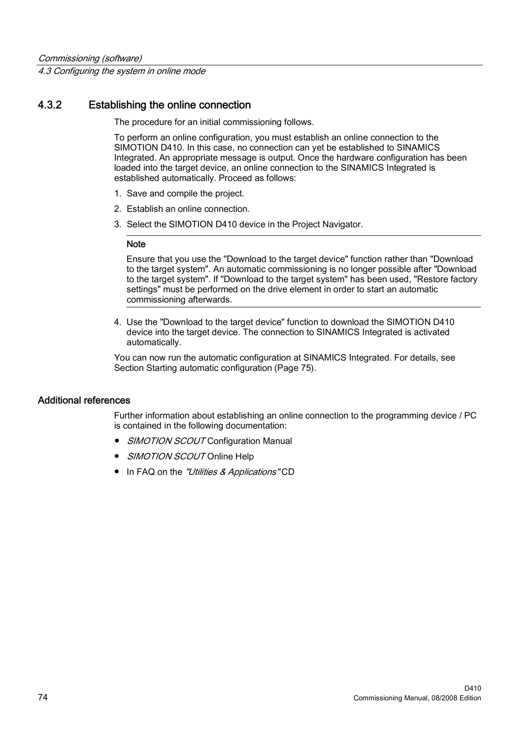 Siemens D410 appendix Establishing the online connection, Additional references 