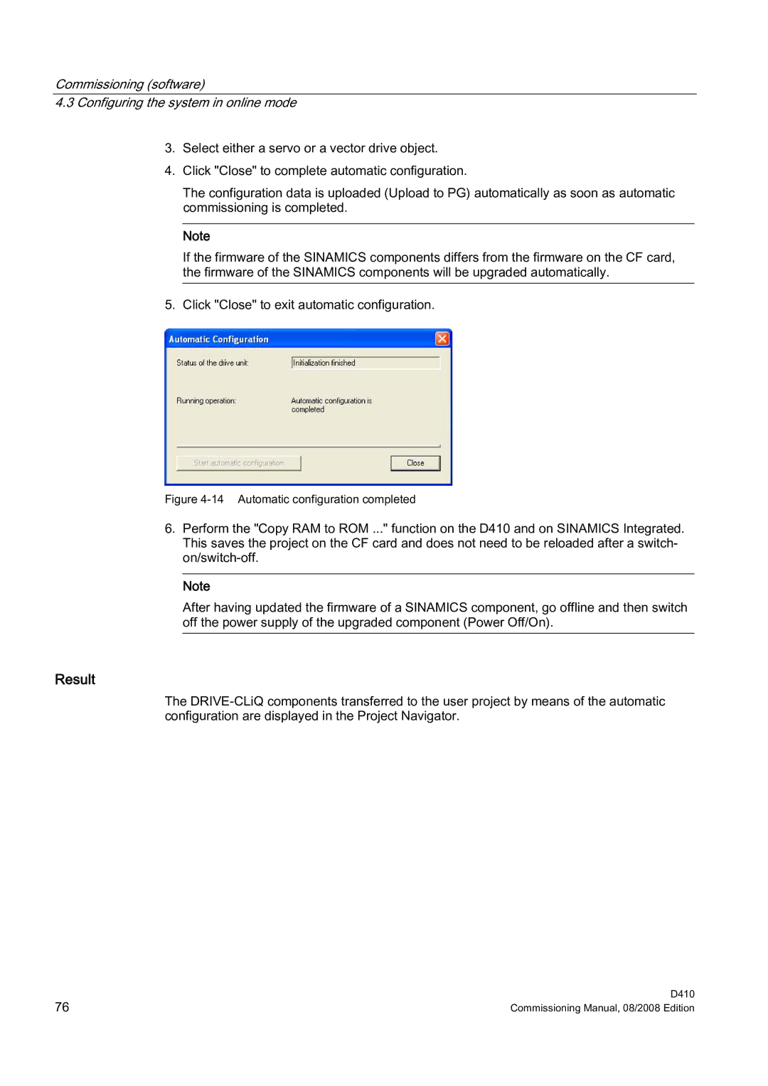 Siemens D410 appendix Result, Automatic configuration completed 