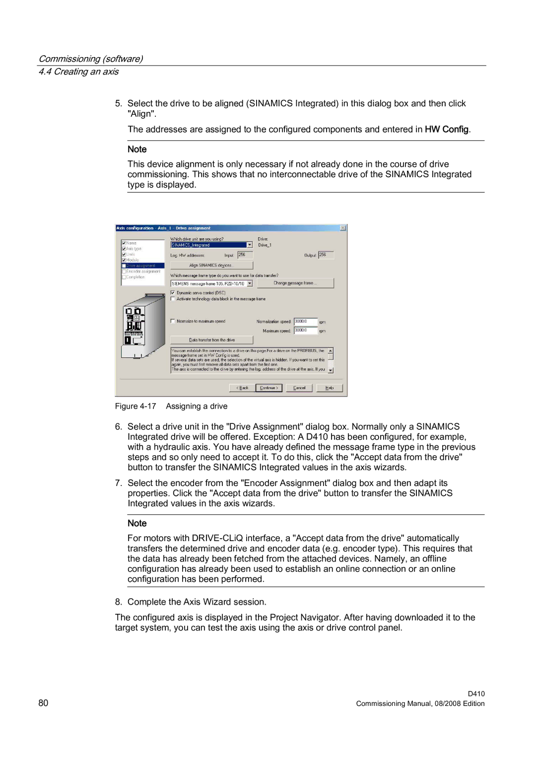 Siemens D410 appendix Commissioning software Creating an axis 