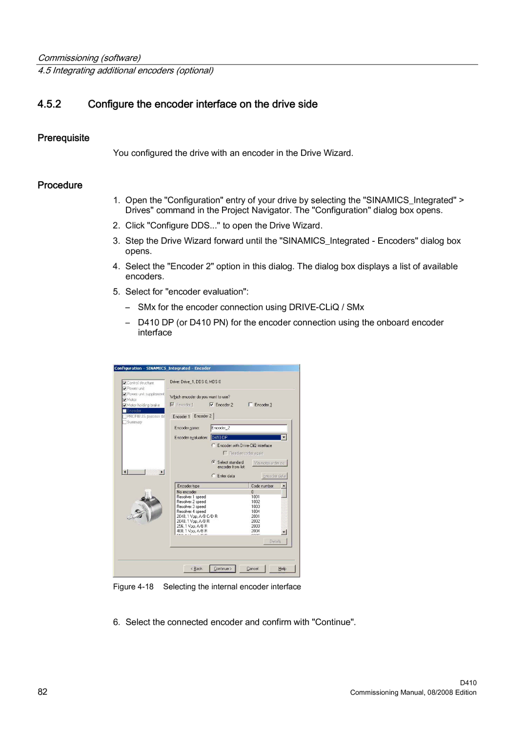 Siemens D410 appendix Configure the encoder interface on the drive side, Selecting the internal encoder interface 