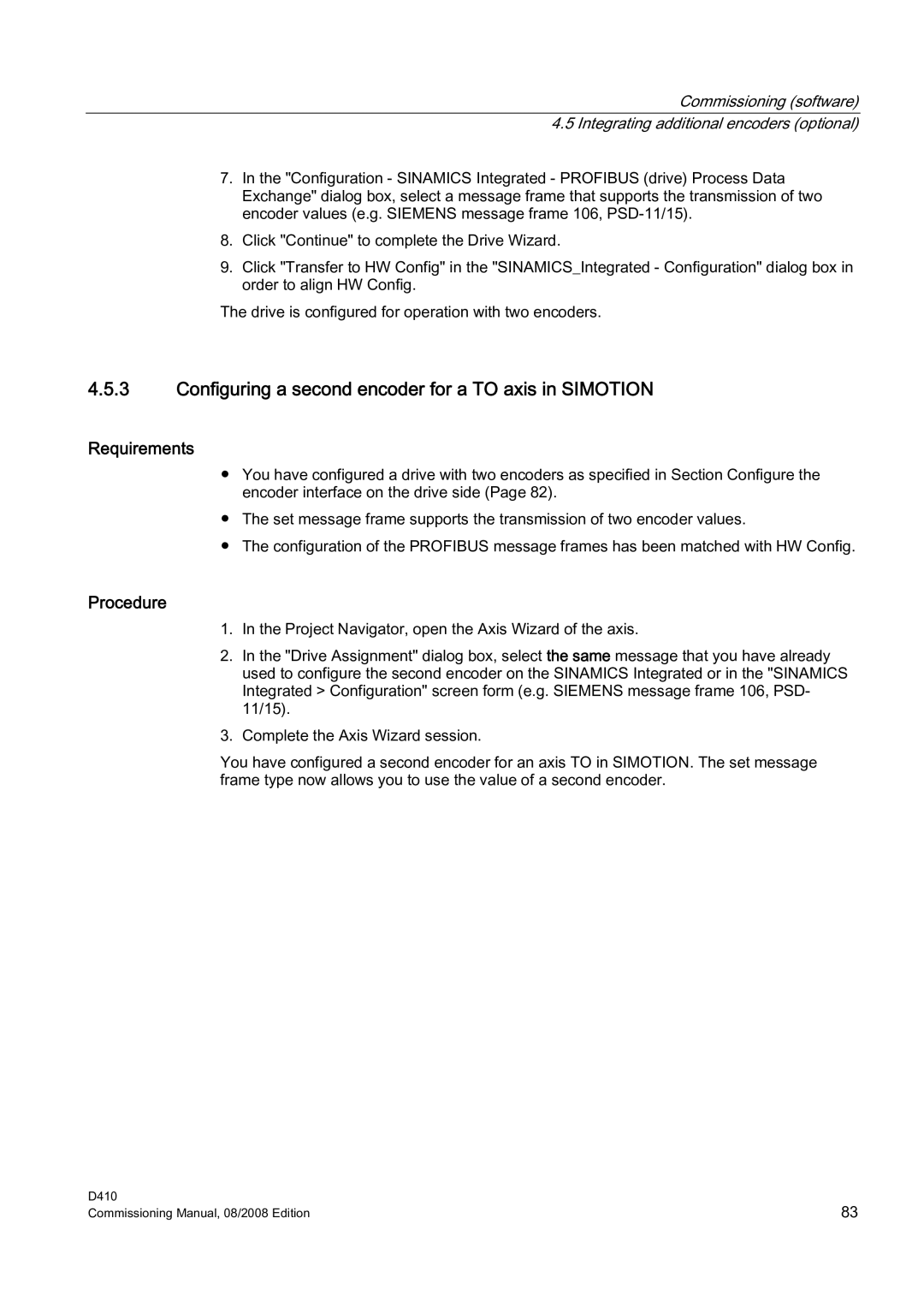 Siemens D410 appendix Configuring a second encoder for a to axis in Simotion, Requirements 