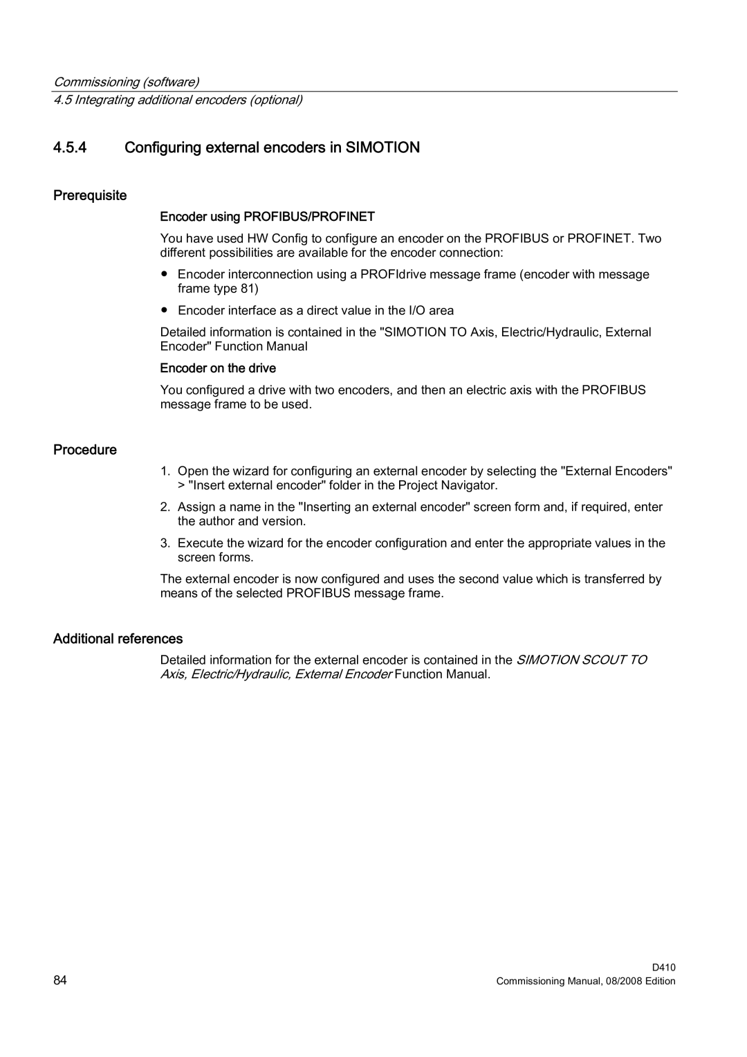 Siemens D410 appendix Configuring external encoders in Simotion, Encoder using PROFIBUS/PROFINET 