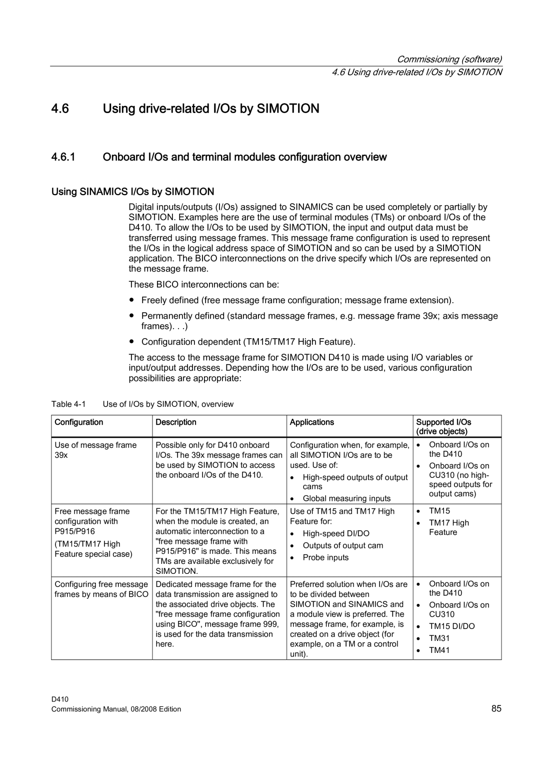 Siemens D410 appendix Using drive-related I/Os by Simotion, Onboard I/Os and terminal modules configuration overview 