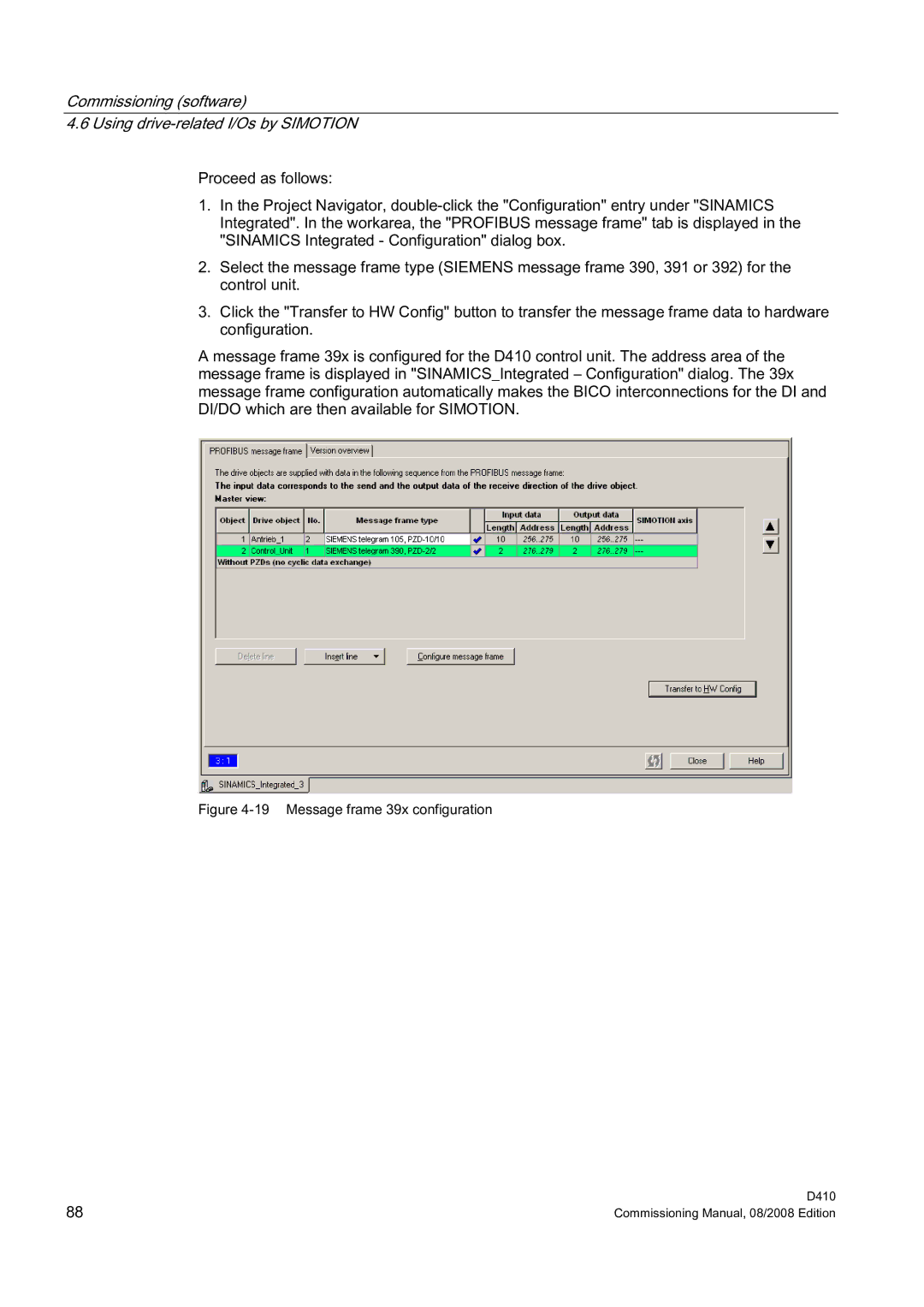 Siemens D410 appendix Message frame 39x configuration 