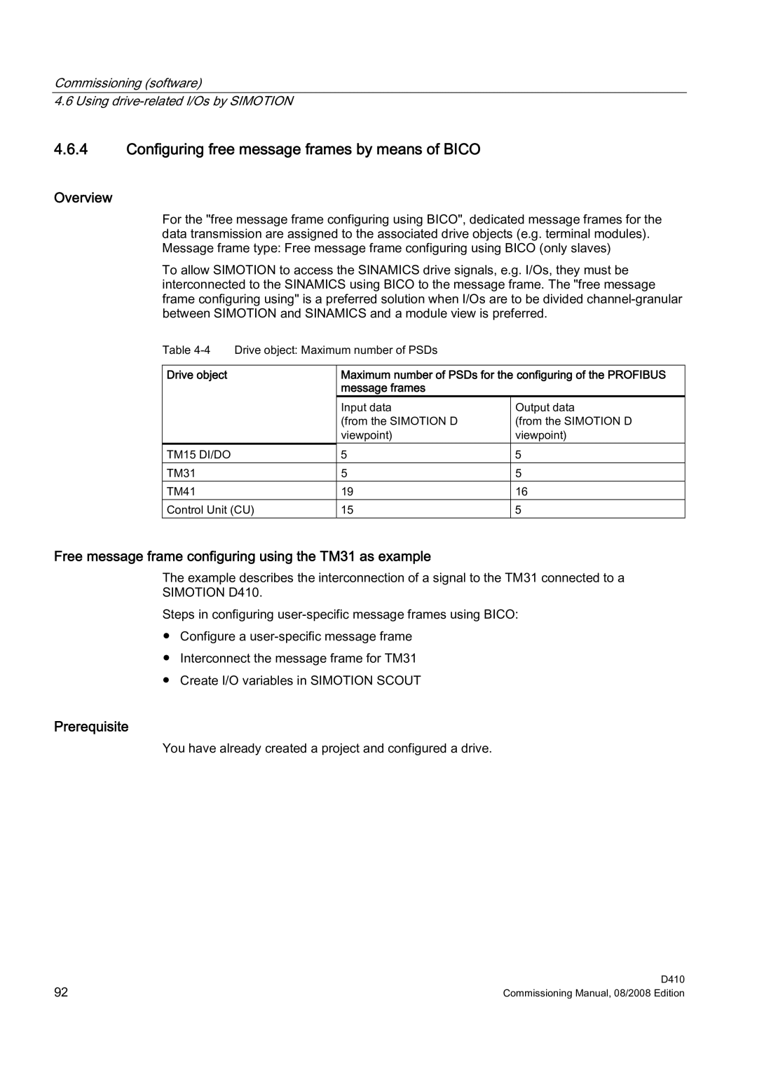 Siemens D410 Configuring free message frames by means of Bico, Free message frame configuring using the TM31 as example 