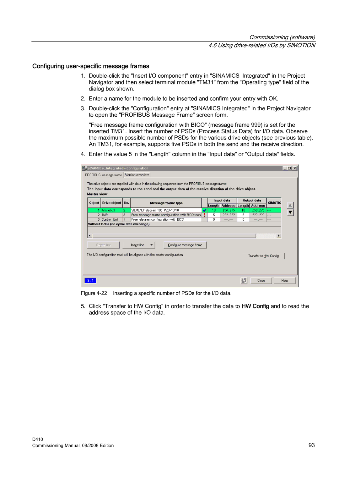 Siemens D410 appendix Configuring user-specific message frames, Inserting a specific number of PSDs for the I/O data 