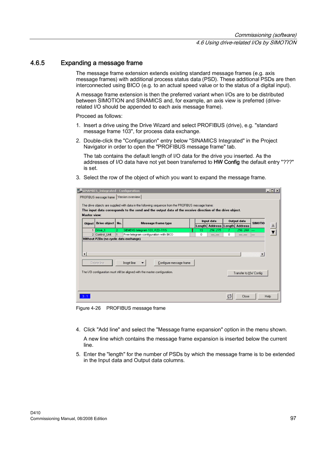 Siemens D410 appendix Expanding a message frame, Profibus message frame 