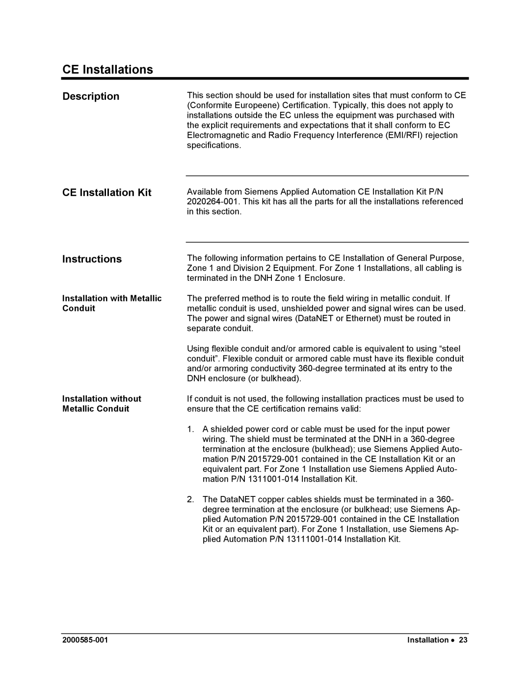 Siemens DataNET Hub (DNH) user manual CE Installations, CE Installation Kit Instructions 