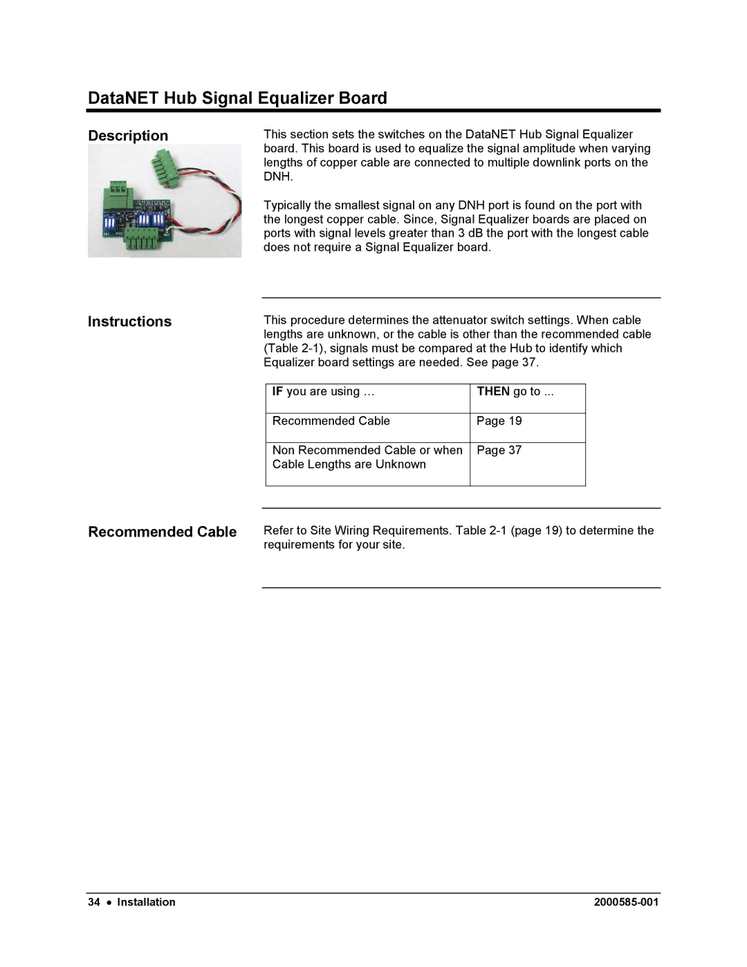 Siemens DataNET Hub (DNH) user manual DataNET Hub Signal Equalizer Board, Description Instructions 