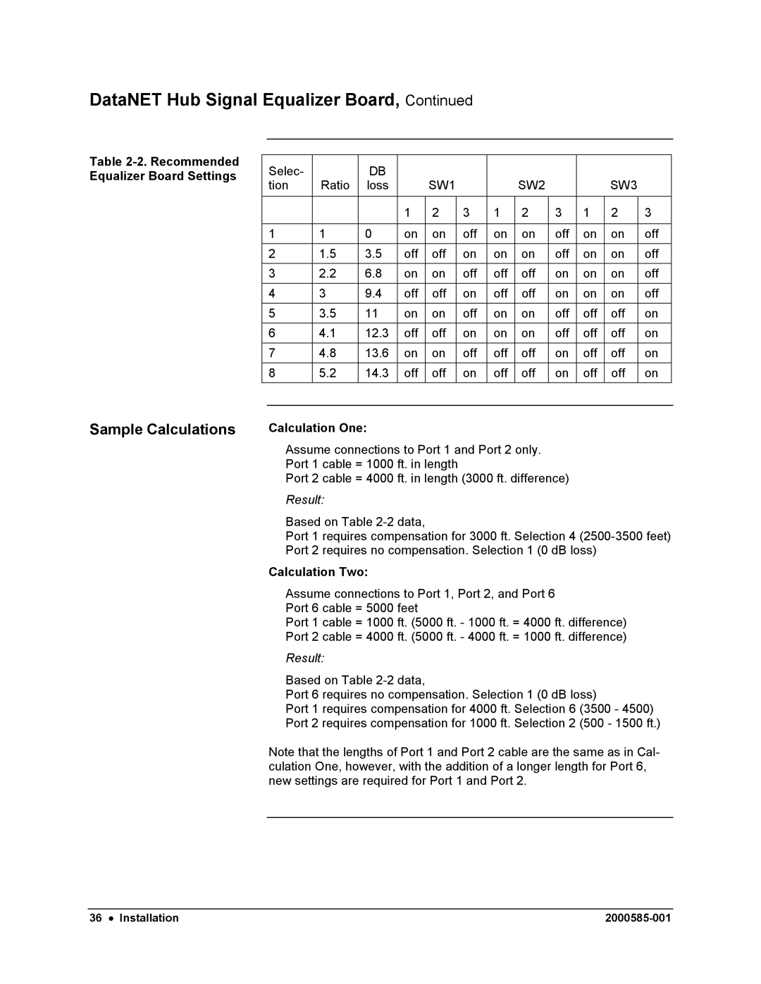 Siemens DataNET Hub (DNH) Sample Calculations, Recommended, Equalizer Board Settings, Calculation One, Calculation Two 