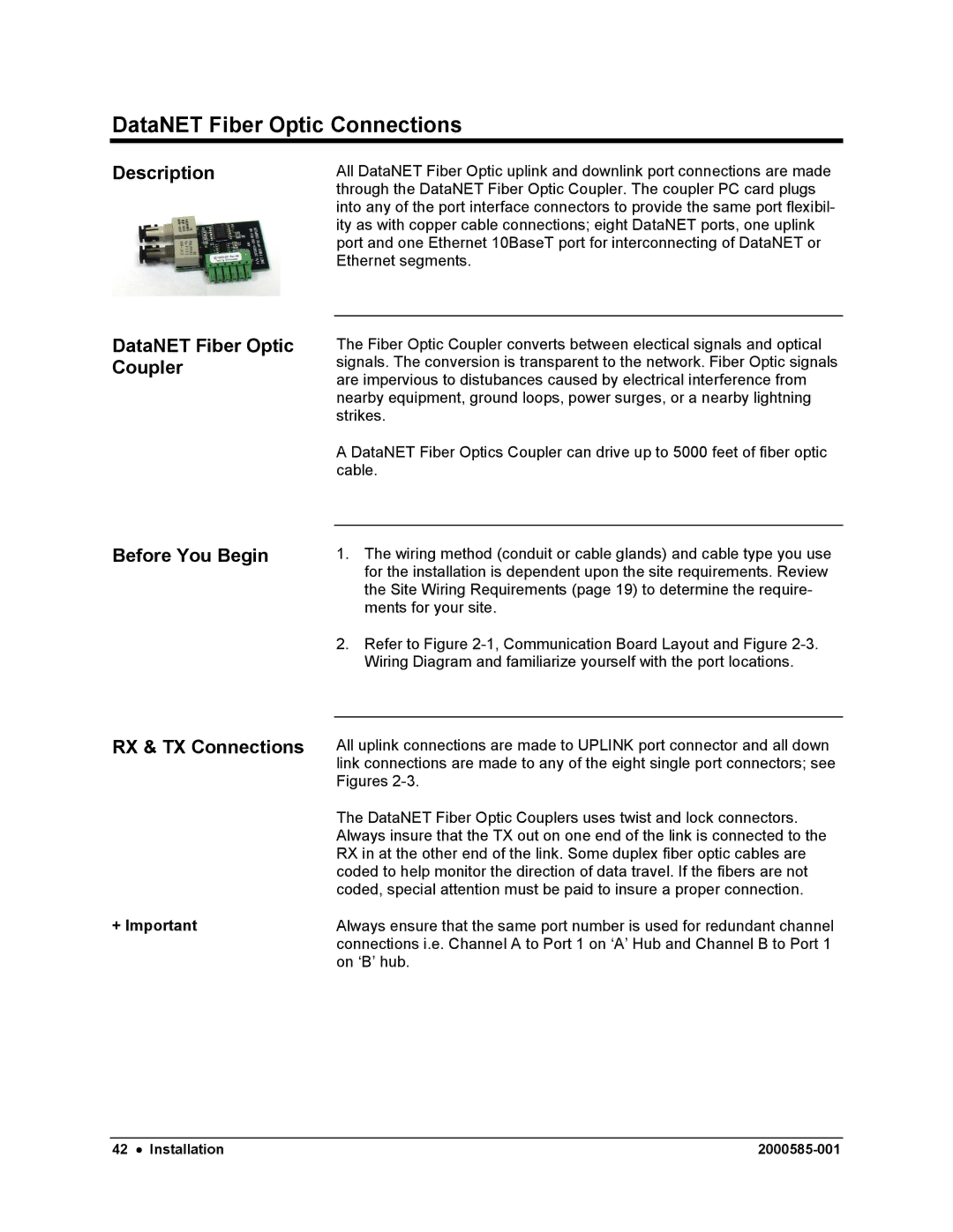 Siemens DataNET Hub (DNH) user manual DataNET Fiber Optic Connections, DataNET Fiber Optic Coupler, RX & TX Connections 