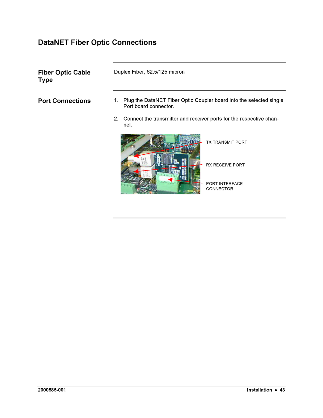 Siemens DataNET Hub (DNH) user manual Fiber Optic Cable Type Port Connections 