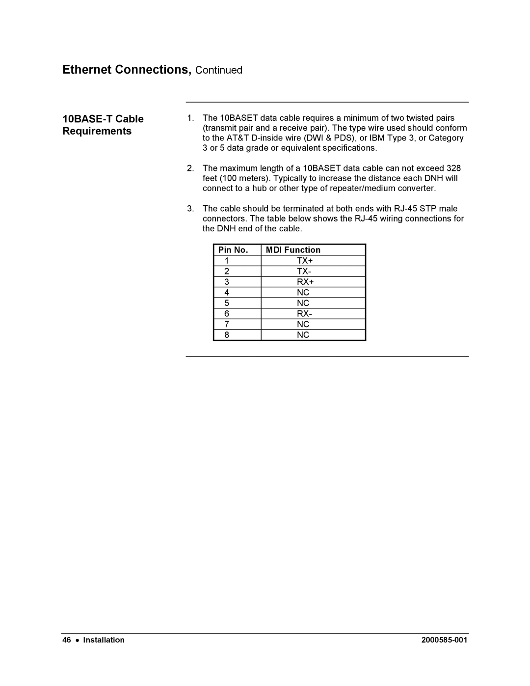 Siemens DataNET Hub (DNH) user manual 10BASE-T Cable Requirements, Pin No MDI Function 